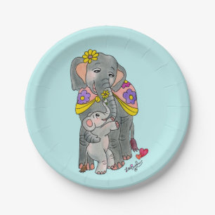 Elephant Mama und Baby Party Teller Blue