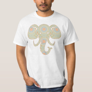 Elephant Mandala in Light Green und Orange T-Shirt