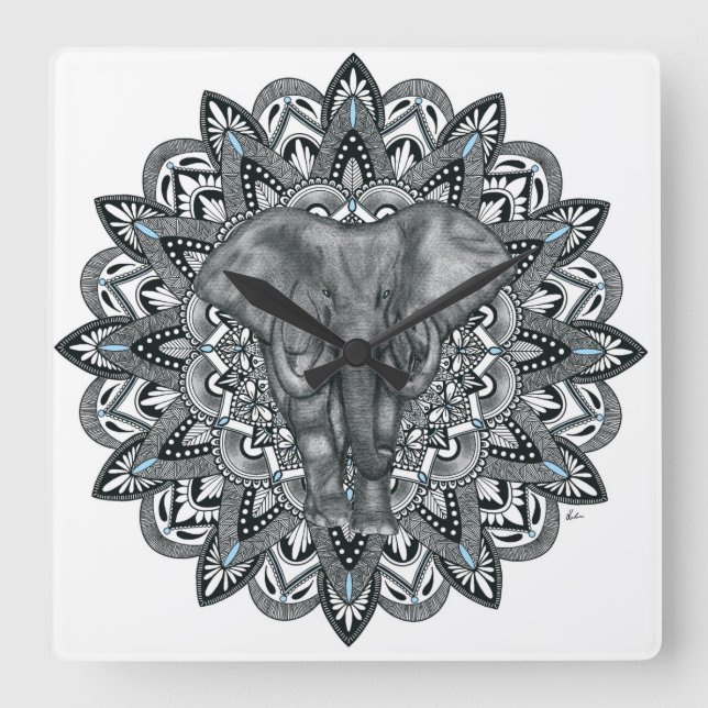Elephant mandala Wall Clock Quadratische Wanduhr (Vorderseite)