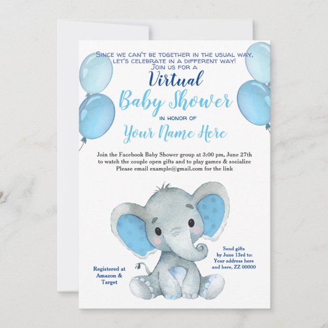 Elephant Mask Virtual Shower Baby Boy Einladung (Vorderseite)