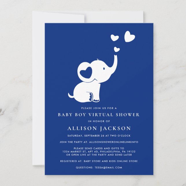 Elephant Minimal Baby Boy Virtual Shower Navy Blue Einladung (Vorderseite)