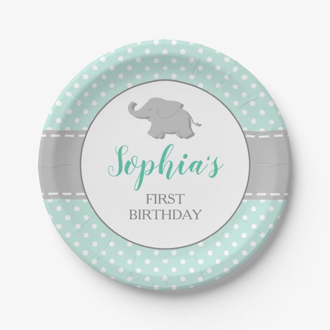 Elephant Mint Green Polka Dot 1. Geburtstag Party Pappteller (Vorderseite)