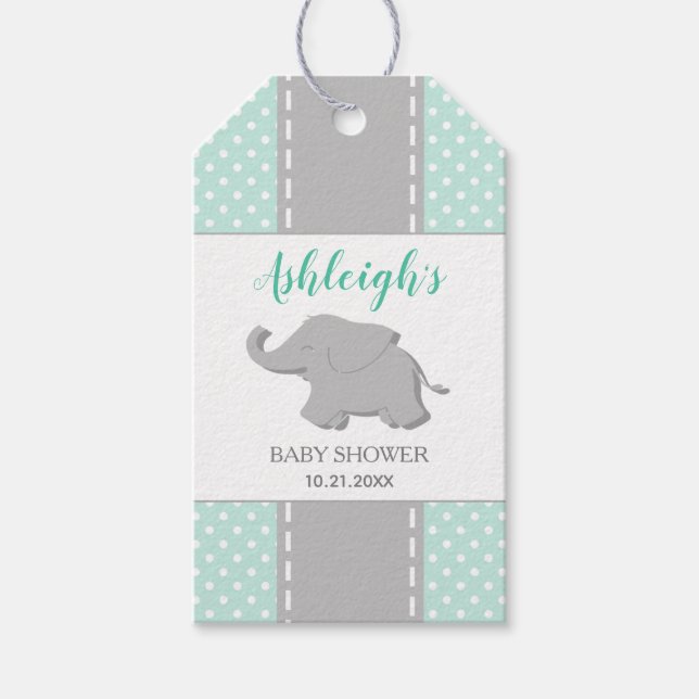 Elephant Mint Green Polka Dot Baby Shower Gevor Geschenkanhänger (Vorderseite)