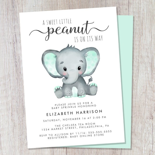 Elephant Mint Green Watercolor Baby Sprinkle Einladung (Cute gender-neutral baby sprinkle invitation)