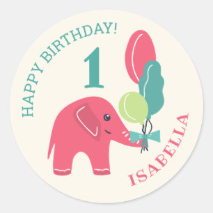 Elephant mit Balloons Girls 1. Geburtstag Runder Aufkleber