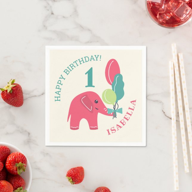 Elephant mit Balloons Girls 1. Geburtstag Serviette (Beispiel)