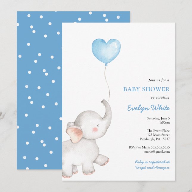 Elephant mit Blue Balloon Baby Dusche Einladung (Vorne/Hinten)