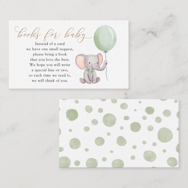 Elephant mit grünen Balonbüchern für Baby Begleitkarte (Vorne/Hinten)