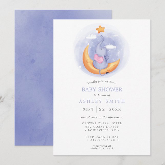 Elephant Moon Watercolor Whimsical Baby Dusche Einladung (Vorne/Hinten)