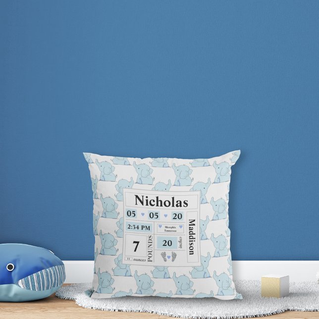 Elephant Muster Birth Announcement Stats Blue Kissen (Von Creator hochgeladen)