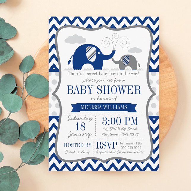 Elephant Navy Blue Gray Baby Shower Einladung (Von Creator hochgeladen)