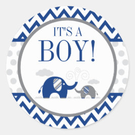 Elephant Navy Blue Gray Boy Baby Shower Runder Aufkleber