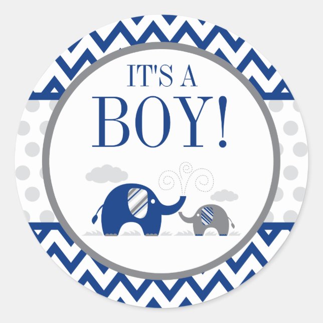 Elephant Navy Blue Gray Boy Baby Shower Runder Aufkleber (Vorderseite)