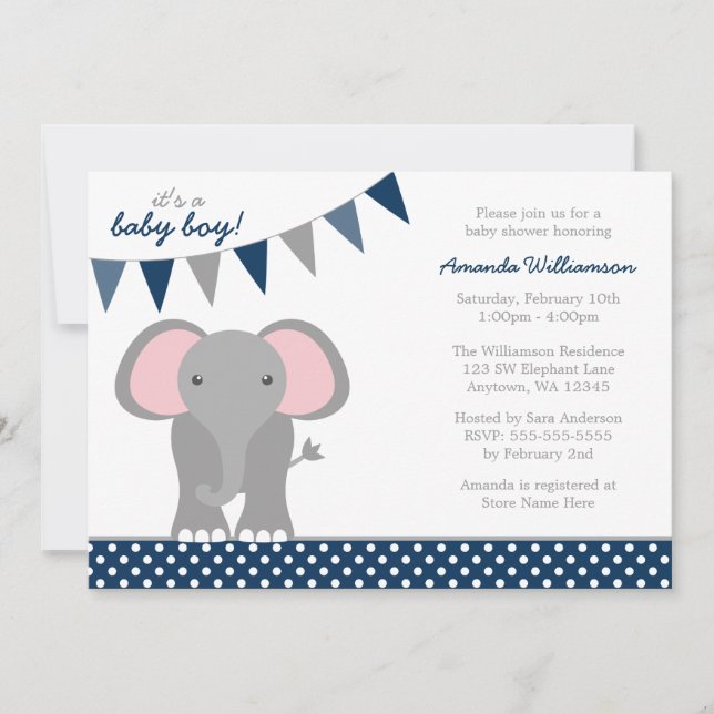 Elephant Navy Polka Dot Banner Boy Baby Shower Einladung (Vorderseite)