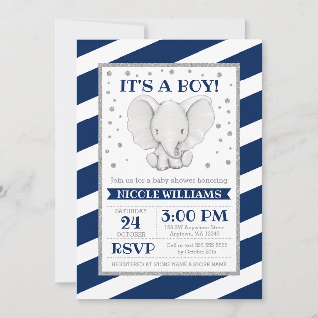 Elephant Navy Stripes Boy Baby Shower Einladungen (Vorderseite)