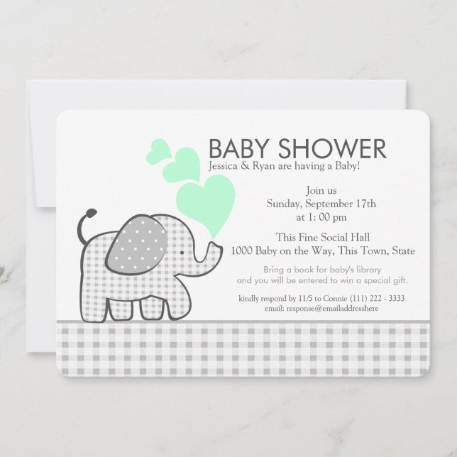 Elephant Neutral Mint und Gingham Baby Shower Einladung (Vorderseite)