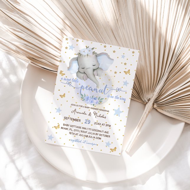Elephant Niedliche botanische Elegant Baby Boy Dus Einladung (Von Creator hochgeladen)