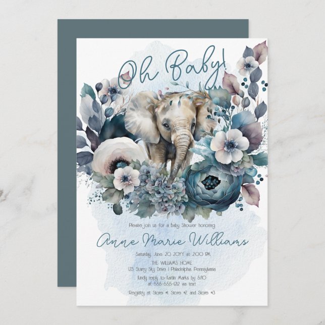 Elephant Oh Baby Blue Floral Baby Dusche Einladung (Vorne/Hinten)