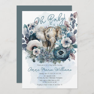 Elephant Oh Baby Blue Floral Baby Dusche Einladung