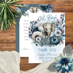 Elephant Oh Boy Blue Floral Baby Dusche Dankeskarte