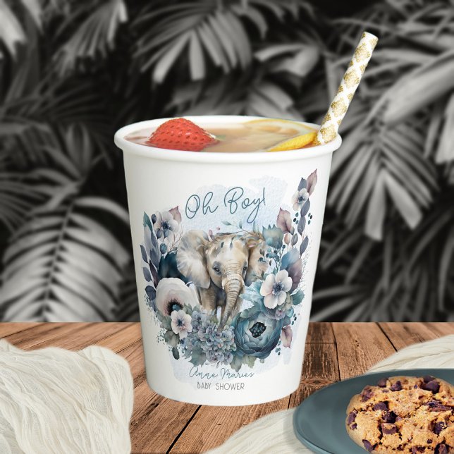 Elephant Oh Boy Blue Floral Baby Dusche Pappbecher (Von Creator hochgeladen)