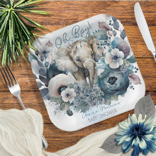 Elephant Oh Boy Blue Floral Baby Dusche Pappteller