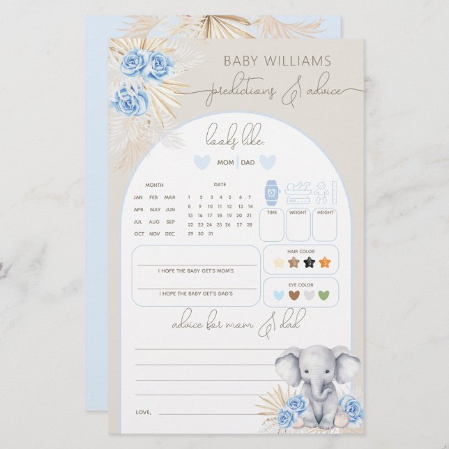 Elephant Oh Boy Safari Baby Shower Prediction Game (Vorne/Hinten)