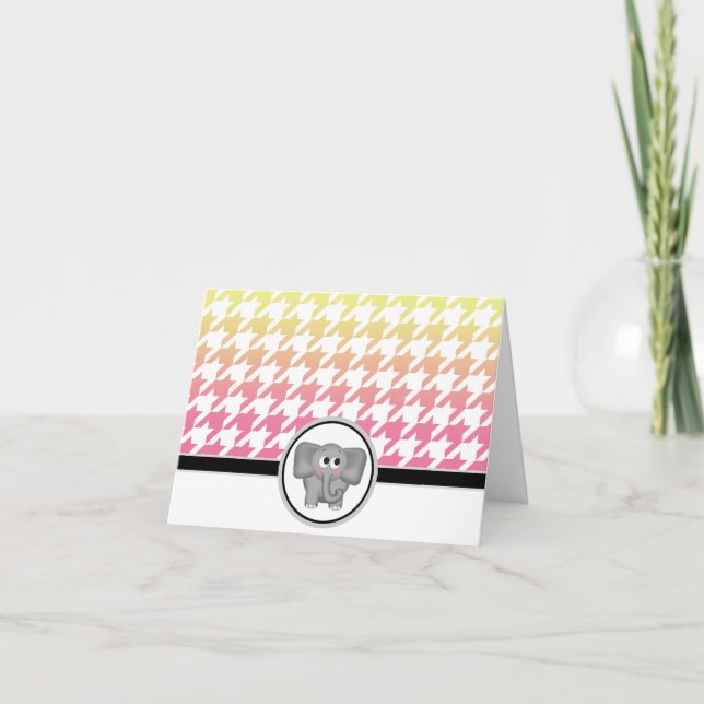 Elephant Ombre Yellow Pink Hahnentrittmuster Cards Dankeskarte (Vorderseite)