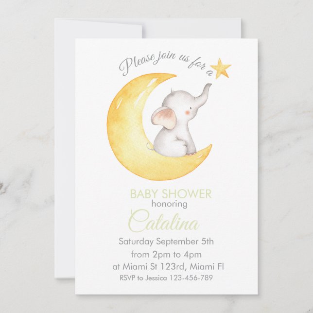 Elephant on Moon Baby Shower Invitation Einladung (Vorderseite)