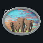 Elephant Opal Sunrise, Gürtelschnalle<br><div class="desc">Auf einem glorreichen opalen Sonnenaufgang sind drei Elefanten abgebildet</div>