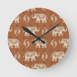 Elephant Orange Caravan Pattern Runde Wanduhr