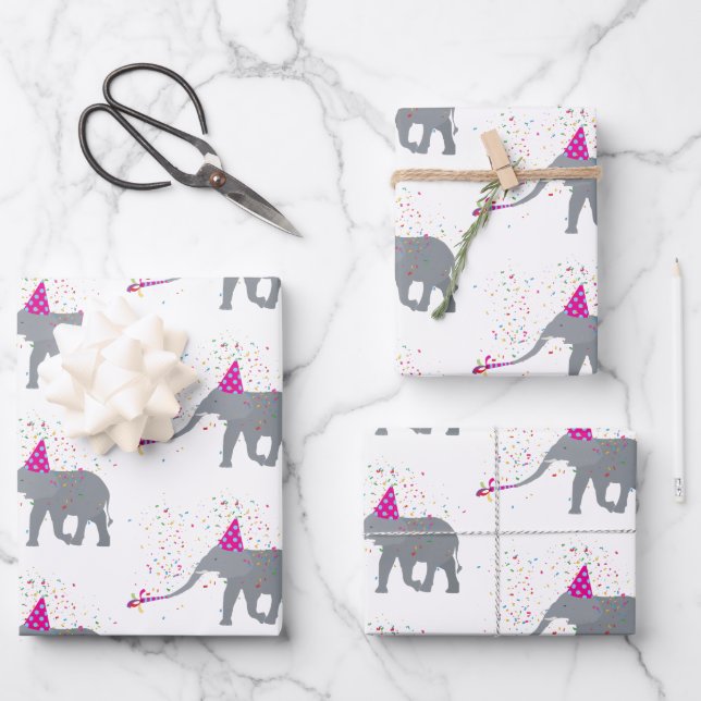 Elephant Partying - Tiere mit Party Geschenkpapier Set (Vorderseite)