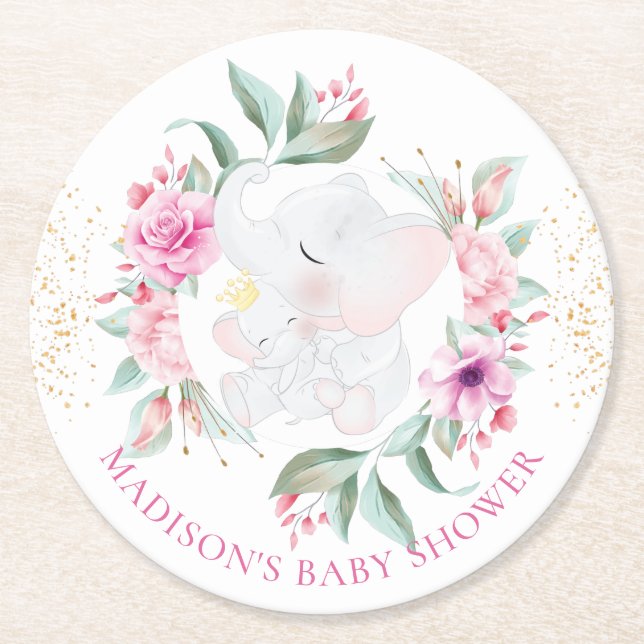 Elephant Personalisiert Girl-Babydusche Runder Pappuntersetzer (Vorderseite)