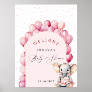 Elephant Pink Balloon Girl Baby Dusche Willkommen Poster