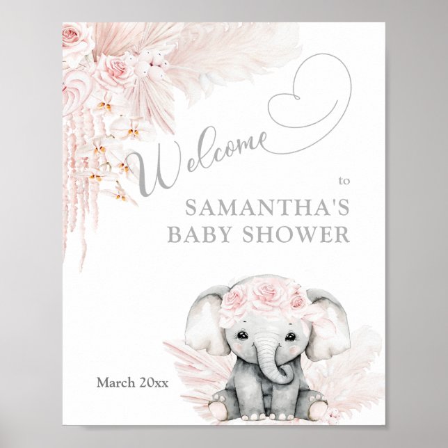 Elephant Pink Blume Boho Babydusche Begrüßungscrem Poster (Vorne)