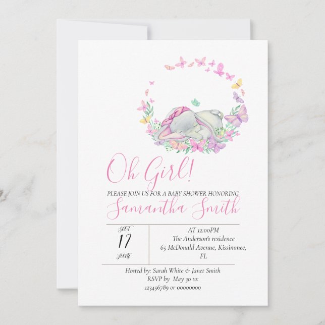 Elephant Pink Butterflies Kinderdusche Einladung (Vorderseite)