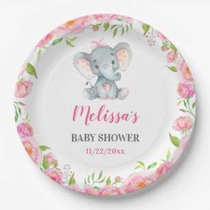Elephant Pink Floral Baby Dusche Sprinkle Pappteller