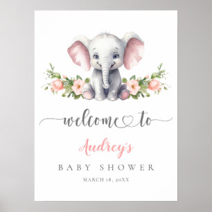 Elephant Pink Floral Baby Girl Dusche Willkommen Poster