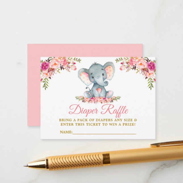 Elephant Pink Floral Diaper Raffle Dusche Gold Begleitkarte (Vorderseite/Rückseite Beispiel)
