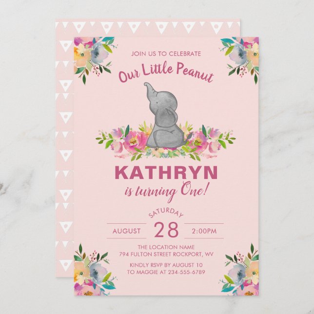 Elephant Pink Floral Girl 1. Geburtstag Einladung (Vorne/Hinten)