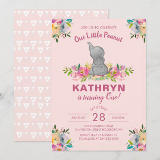 Elephant Pink Floral Girl 1. Geburtstag Einladung