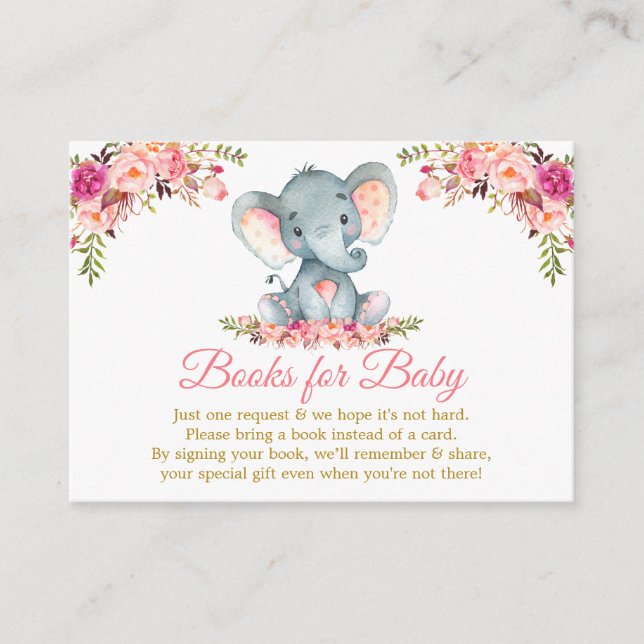 Elephant Pink Floral Gold Bücher für Babydusche Begleitkarte (Vorderseite)