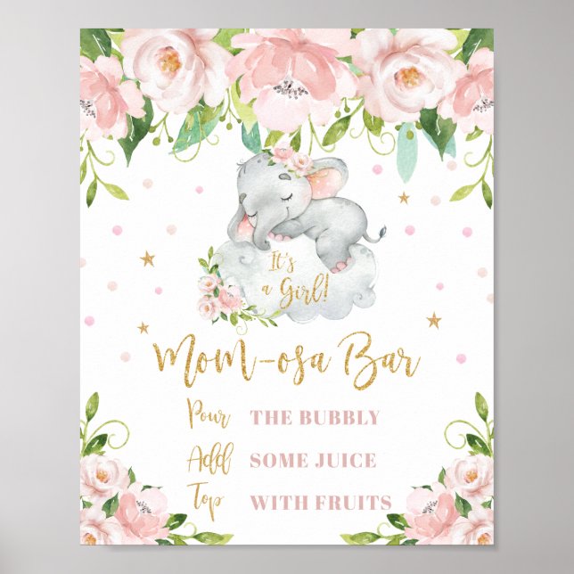 Elephant Pink Floral Mama osa Bar Mimosa Bar Sign Poster (Vorne)