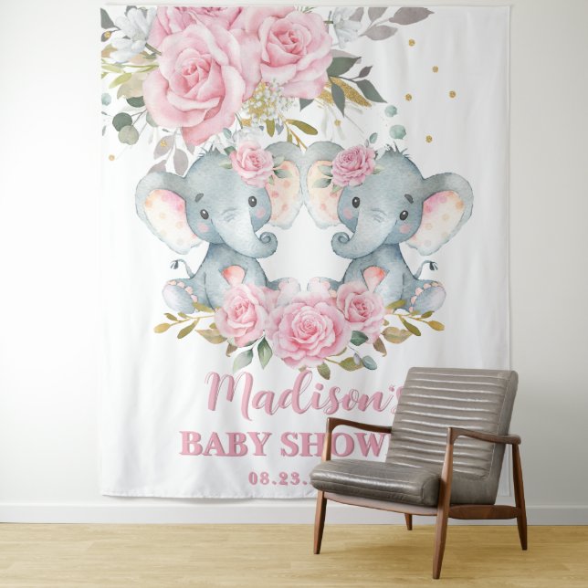 Elephant Pink Floral Twins Baby Dusche Hintergrund Wandteppich (Beispiel)
