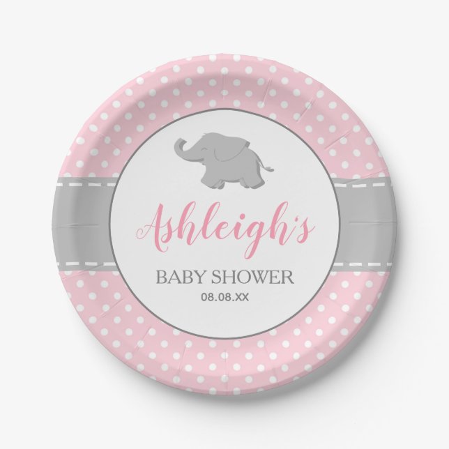 Elephant Pink Gray Polka Dot Girl Baby Dusche Pappteller (Vorderseite)