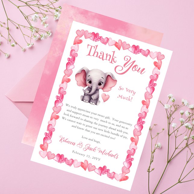 Elephant Pink Hearts Girl Baby Dusche Dankeskarte (Elephant Pink Hearts Girl Baby Shower Thank You Card - "A Little Sweetheart" Elephant Collection)