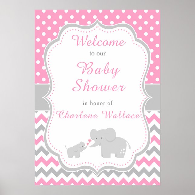 Elephant Pink und Gray Baby Dusche Poster (Vorne)