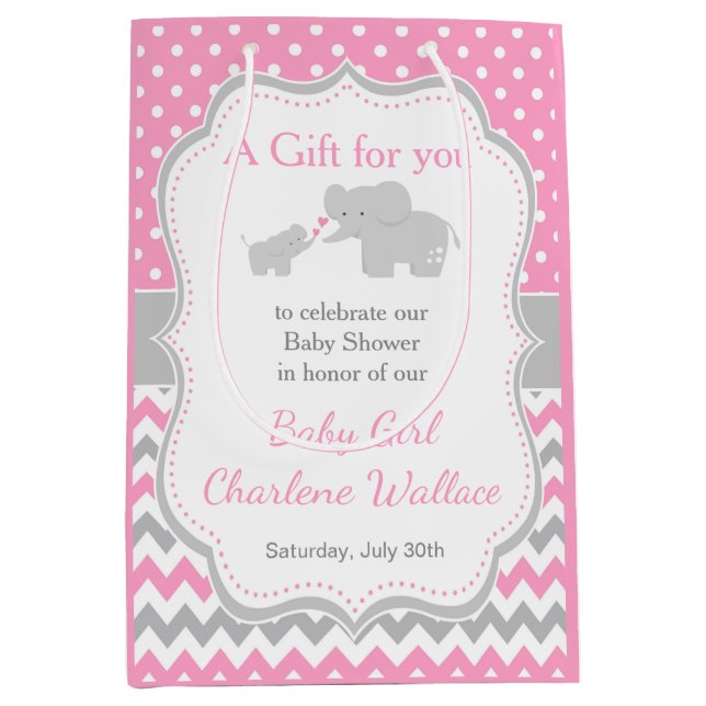 Elephant Pink und Gray Baby Dusche Vielen Dank Mittlere Geschenktüte (Vorderseite)