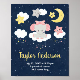 Elephant Pink und Navy Baby Birth Statistik Poster