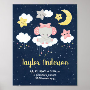 Elephant Pink und Navy Baby Birth Statistik Poster